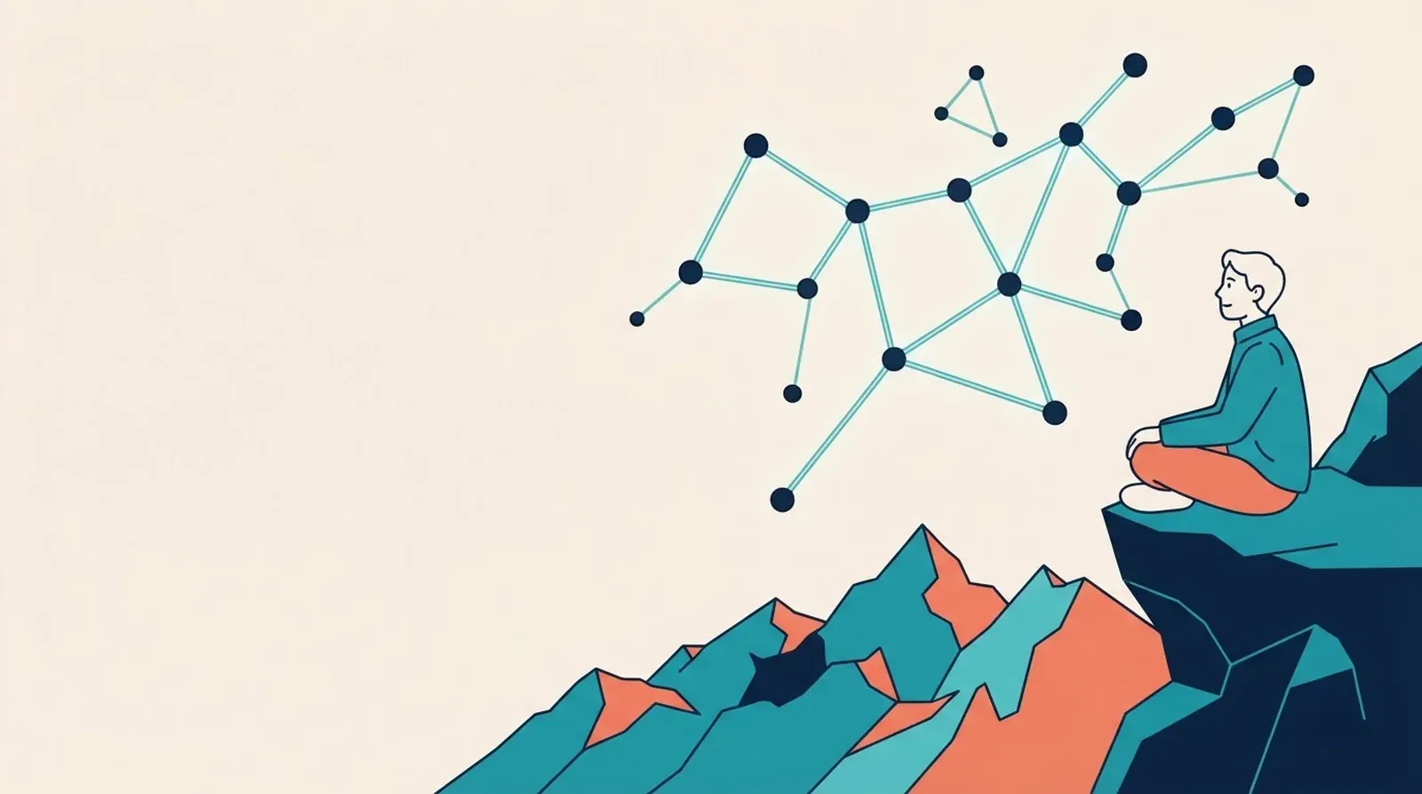 Illustration: a person seated on a rocky outcrop facing a constellation of connected nodes above teal and coral mountains.