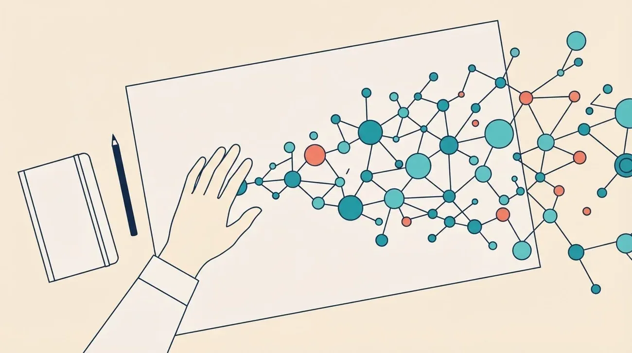 Illustration seen from above: a hand and a pencil beside a sheet of paper from which a constellation of connected nodes grows outward.