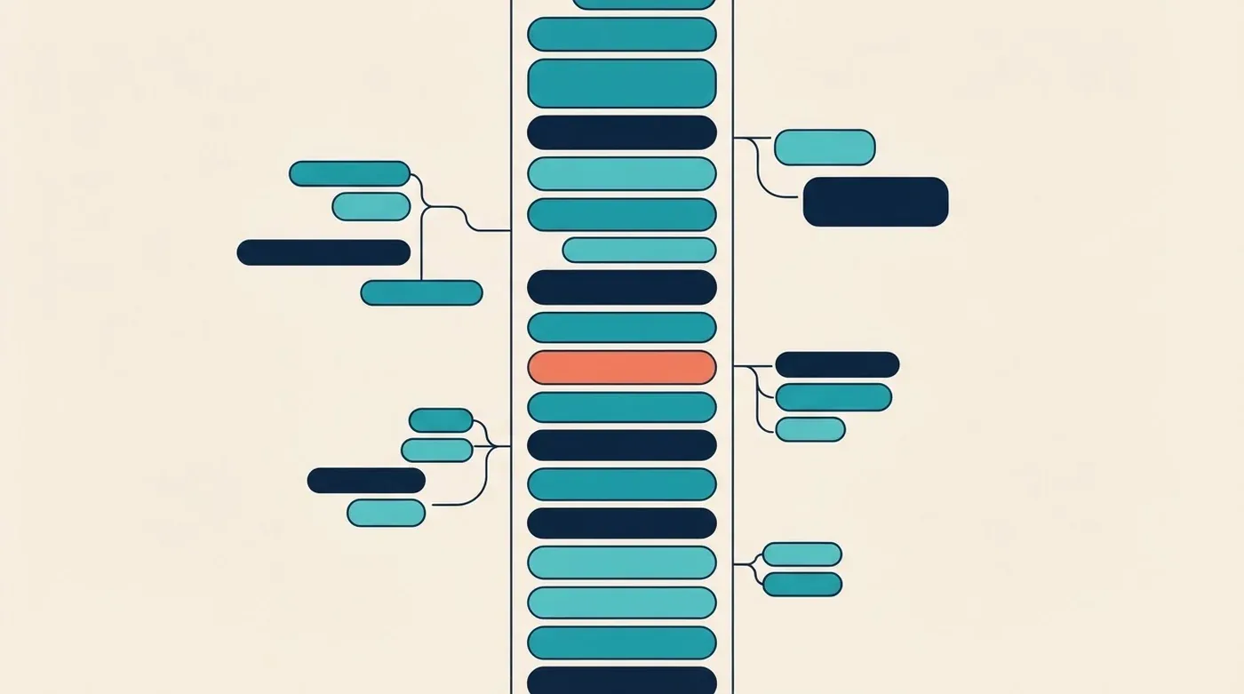 Illustration of a vertical stream of message blocks with branching side paths, representing an agent conversation system.