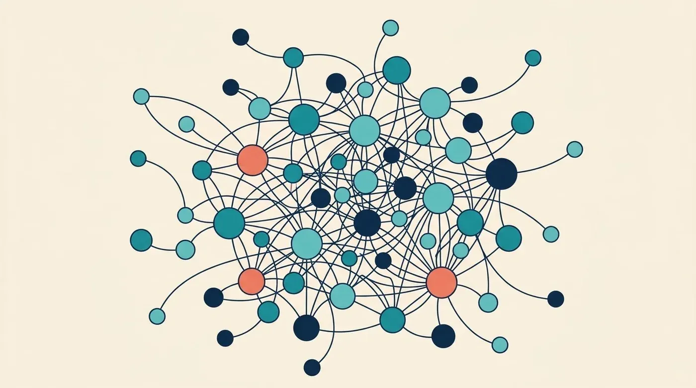 Illustration of a knowledge graph: circular nodes of varying sizes joined by thin curved lines.