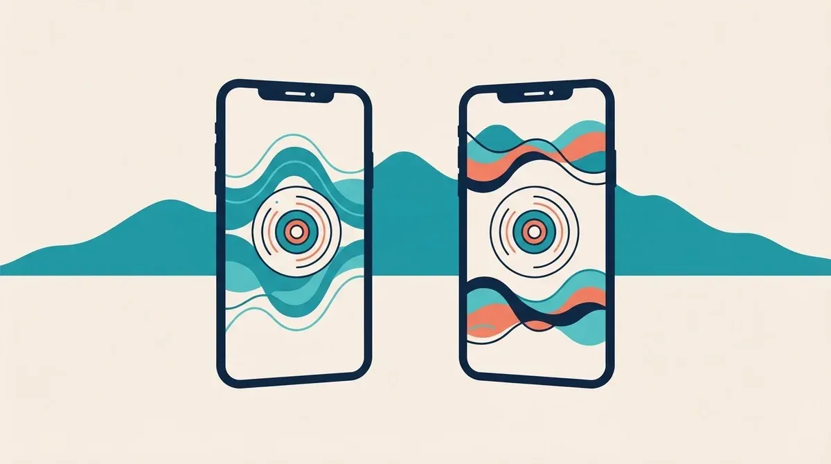 Illustration of two smartphones showing abstract waveforms and concentric listening circles.